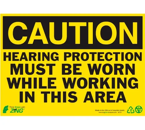 Zing Eco Safety Sign, Caution Hearing Protection Must Be Worn In..., 14"W x 10"H, Recycled Aluminum