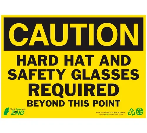 Zing Eco Safety Sign, Caution Hard Hat and Safety Glasses Required, 14"W x 10"H, Recycled Plastic