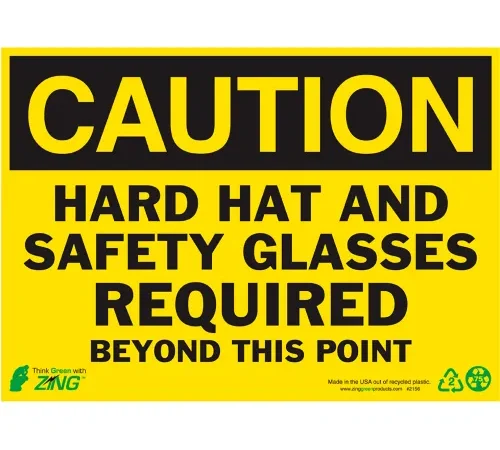 Zing Eco Safety Sign, Caution Hard Hat and Safety..., 14"W x 10"H,Recycled Polystyrene Self Adhesive