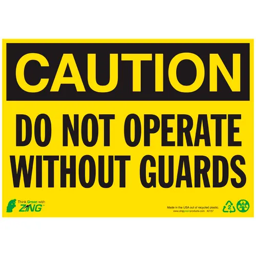 Zing Eco Safety Sign, Caution Do Not Operate Without Guards, 14"W x 10"H, Recycled Plastic