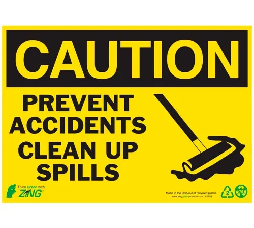 Zing Eco Safety Sign, Caution Clean Up Spills, 14"W x 10"H, Recycled Plastic