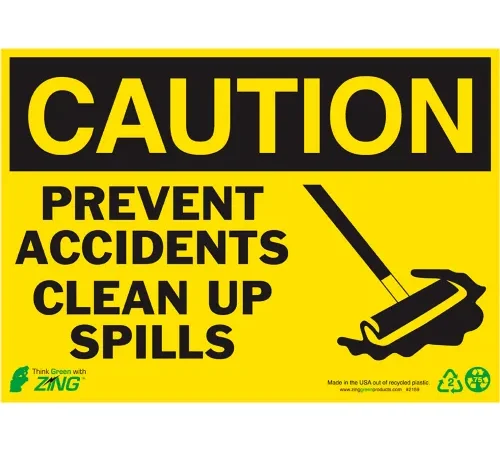 Zing Eco Safety Sign, Caution Clean Up Spills, 14"W x 10"H, Recycled Polystyrene Self Adhesive