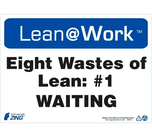Zing Lean at Work Sign, Eight Wastes Waiting, 14"W x 10"H, Black/Blue/White