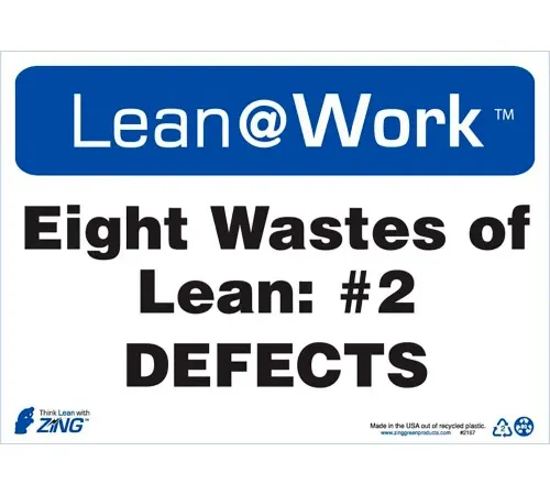 Zing Lean at Work Sign, Eight Wastes Defects, 14"W x 10"H, Black/Blue/White