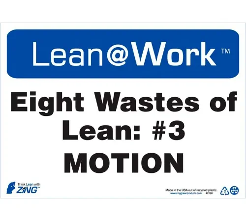 Zing Lean at Work Sign, Eight Wastes Motion, 14"W x 10"H, Black/Blue/White