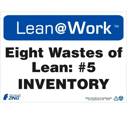 Zing Lean at Work Sign, Eight Wastes Inventory, 14"W x 10"H, Black/Blue/White