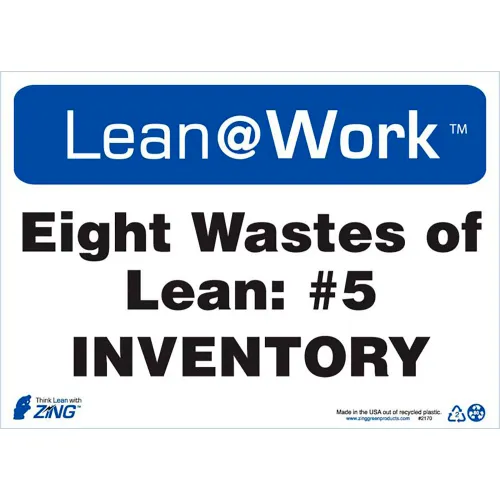 Zing Lean at Work Sign, Eight Wastes Inventory, 14"W x 10"H, Black/Blue/White