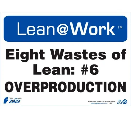 Zing Lean at Work Sign, Eight Wastes Overproduction, 14"W x 10"H, Black/Blue/White