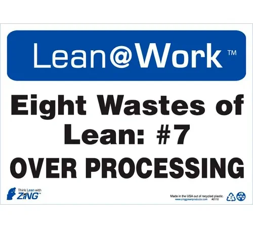 Zing Lean at Work Sign, Eight Wastes Over Processing, 14"W x 10"H, Black/Blue/White