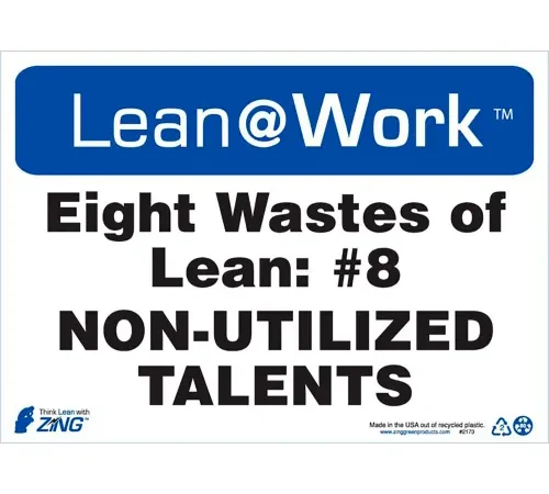 Zing Lean at Work Sign, Eight Wastes Non-Utilized Talents, 14"W x 10"H, Black/Blue/White