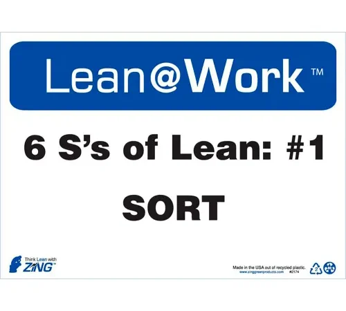 Zing Lean at Work Sign, Six Ss Lean Sort, 14"W x 10"H, Black/Blue/White