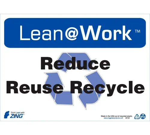 Zing Lean at Work Sign, Reduce Reuse Recycle, 14"W x 10"H, Black/Blue/White