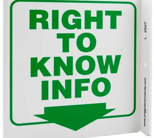 Zing Eco Safety L Sign, Right To Know Info., 7"W x 7"H, Recycled Plastic