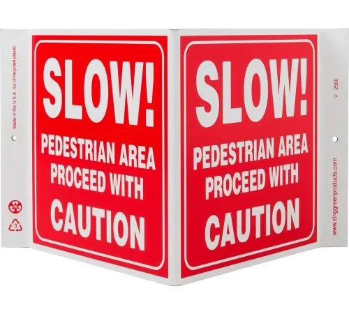 Zing Eco Safety V Sign, Slow Pedestrian Area, 12"W x 7"H, Recycled Plastic