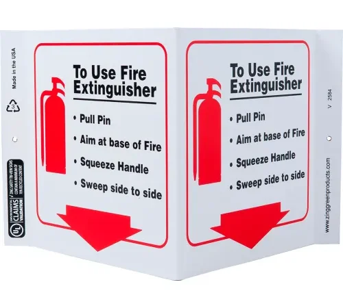 Zing Eco Safety V Sign, To Use Fire Extinguisher, Pull Pin, Aim..., 12"W x 7"H, Recycled Plastic
