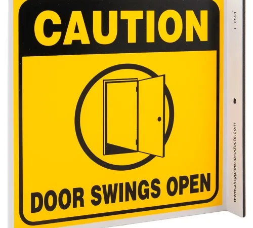 Zing Eco Safety L Sign, Caution Door Swings Open, 7"W x 7"H, Recycled Plastic
