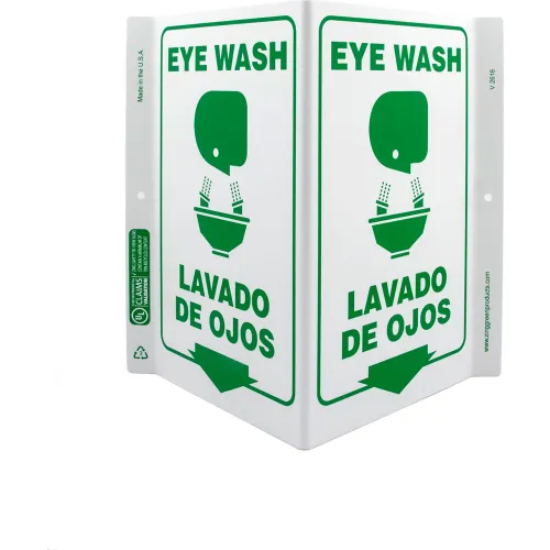 Zing Eco Safety V Sign, Eye Wash Bilingual, 10-5/8"W x 11"H, Recycled Plastic