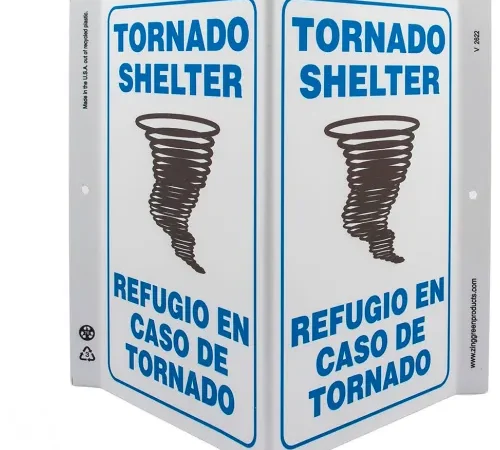 Zing Eco Safety V Sign, Tornado Shelter Bilingual, 10-5/8"W x 11"H, Recycled Plastic