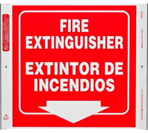 Zing Eco Safety Corner Sign, Fire Extinguisher Bilingual, 10"W x 10"H, Recycled Plastic