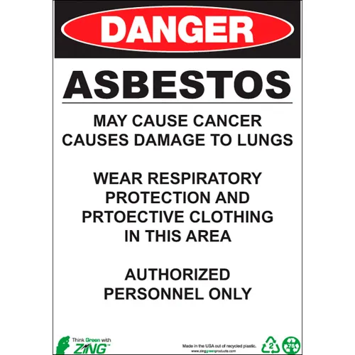 Zing Eco GHS Sign, Danger Asbestos, 10"W x 14"H, Recycled Aluminum