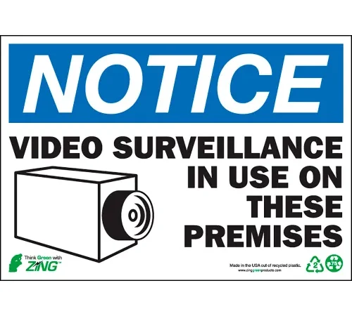Zing Eco Security Label, Notice Video Surveillance, 7"W x 5"H, Recycled Polystyrene, Pack of 2