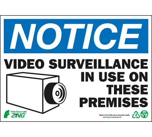Zing Eco Security Window Label, Notice Video Surveillance, 7"W x 5"H, Recycled Polystyrene,Pack of 2