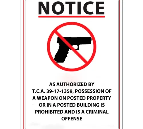 Zing Concealed Carry Sign, Tennessee Regulations, 10"W x 14"H, Recycled Polystyrene Self Adhesive