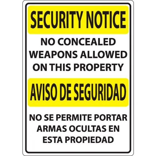 Zing Concealed Carry Sign, Security Notice No Weapons, Bilingual, 10"W x 14"H, Recycled Aluminum