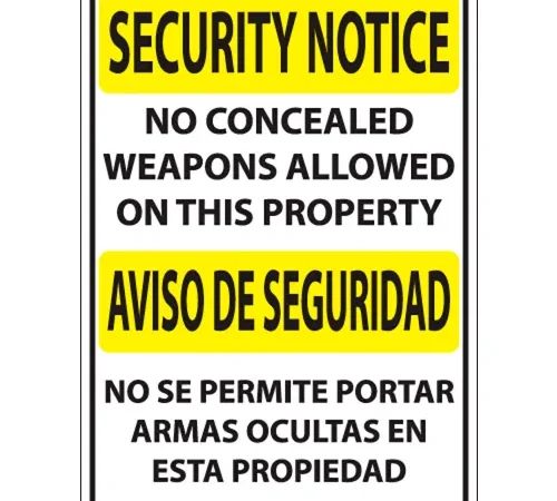 Zing Concealed Carry Sign, Security Notice No Weapons, Bilingual, 10"W x 14"H, Recycled Polystyrene