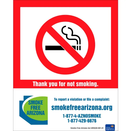 Zing No Smoking Sign, Arizona Regulations, 10"W x 14"H, Recycled Polystyrene Self Adhesive