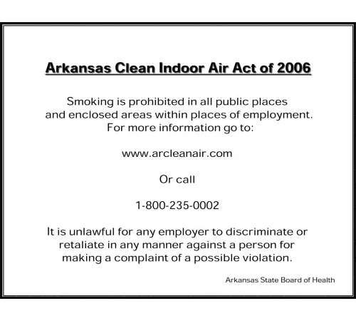 Zing No Smoking Sign, Arkansas Regulations, 14"W x 10"H, Recycled Polystyrene Self Adhesive