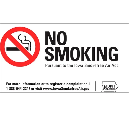 Zing No Smoking Sign, Iowa Regulations, 14"W x 10"H, Recycled Plastic