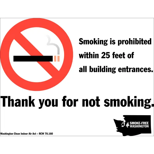 Zing No Smoking Sign, Washington Regulations, 14"W x 10"H, Recycled Polystyrene Self Adhesive