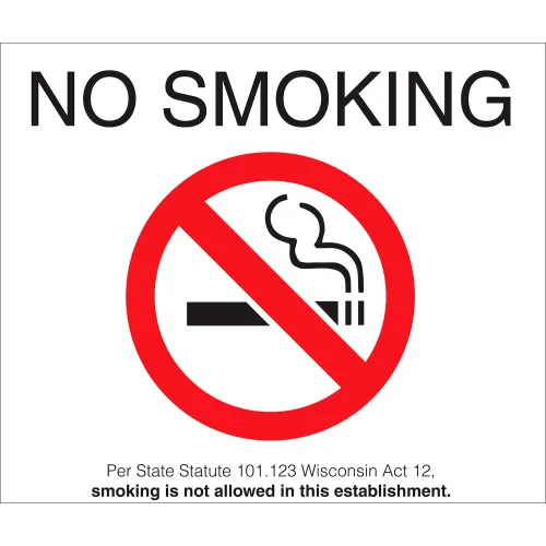 Zing No Smoking Sign, Wisconsin, 14"W x 10"H, Recycled Polystyrene Self Adhesive