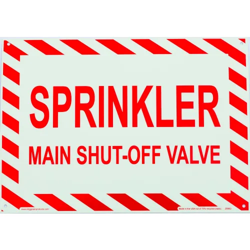 Zing Eco Safety Sign, Sprinkler Shut Off, 14"W x 10"H, Recycled Plastic, Glow In Dark