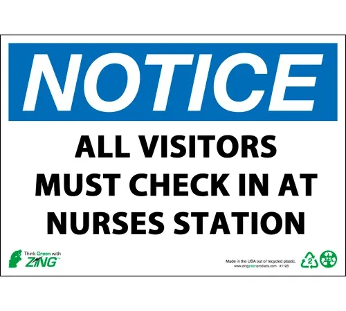 Zing Eco Safety Sign, Notice Visitors Must Check In at Nurses Station, 14"W x 10"H, Recycled Plastic