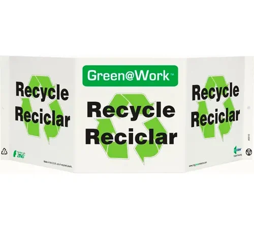 Zing Green at Work Tri-View Sign, Recycle/Reciclar, 20"W x 7-1/2"H, Black/Green/White