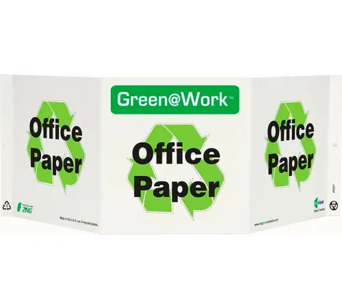Zing Green at Work Tri-View Sign, Office Paper with Recycle Symbol, 20"W x 7-1/2"H,Black/Green/White