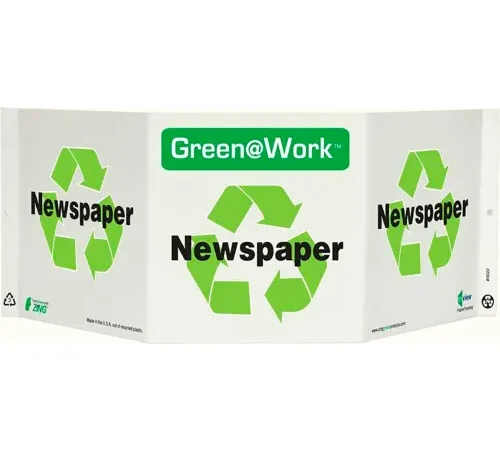 Zing Green at Work Tri-View Sign, Newspaper with Recycle Symbol, 20"W x 7-1/2"H, Black/Green/White