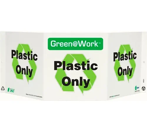 Zing Green at Work Tri-View Sign, Plastic Only with Recycle Symbol, 20"W x 7-1/2"H,Black/Green/White