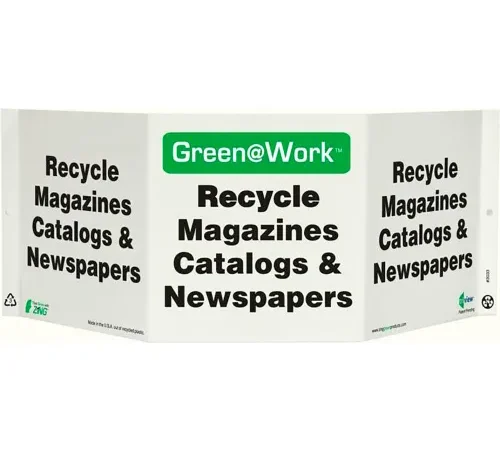Zing Green at Work Tri-View Sign, Recycle Magazines, Catalogs..., 20"W x 7-1/2"H, Black/Green/White