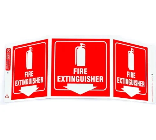 Zing Eco Safety Tri View Sign, Fire Extinguisher, 20"W x 7-1/2"H, Recycled Plastic, Glow In The Dark