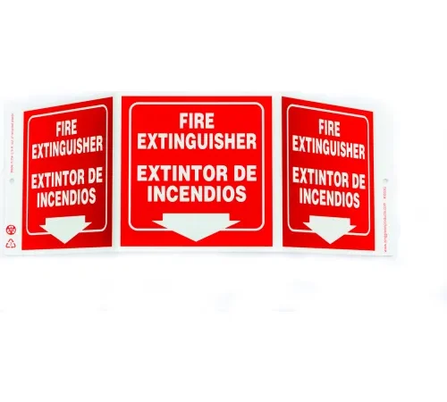 Zing Eco Safety Tri View Sign, Bilingual, Fire Extinguisher, 20"W x 7-1/2"H, Plastic, Glow In Dark