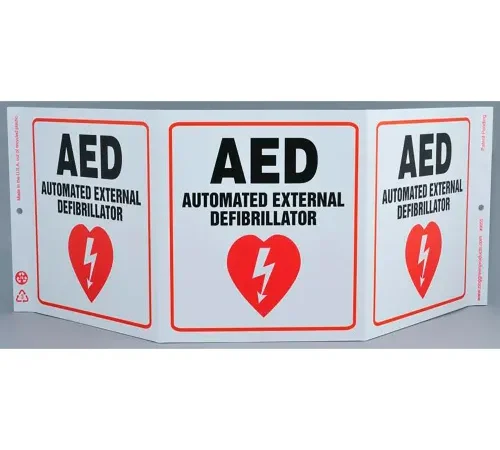 Zing Eco Safety Tri View Sign, AED, 20"W x 7-1/2"H, Projects 5 Inches, Recycled Plastic