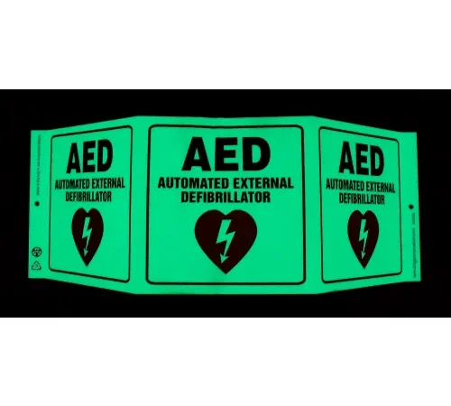 Zing Eco Safety Tri View Sign, AED, 20"W x 7-1/2"H, Recycled Plastic, Glow In The Dark