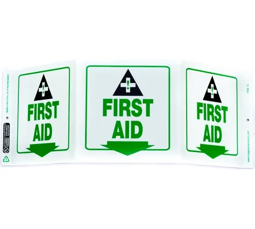 Zing Eco Safety Tri View Sign, First Aid, 20"W x 7-1/2"H, Recycled Plastic, Glow In The Dark