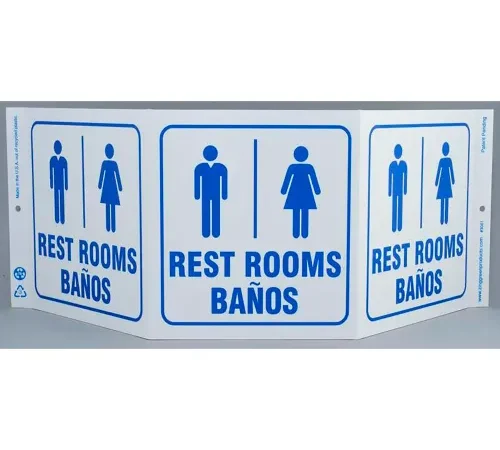 Zing Eco Public Facility Tri View Sign, Rest Rooms/Banos, 20"W x 7-1/2"H, Blue On White