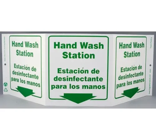 Zing Eco Public Facility Tri View Sign, Hand Wash Station/Estacion..., 20"W x 7-1/2"H,Green On White