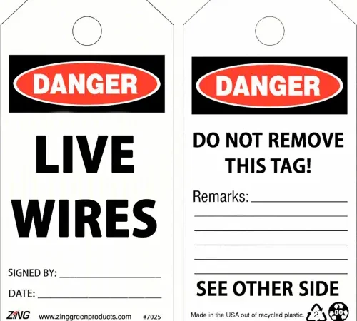 Zing Safety "Live Wires" Text Lockout Tags, 3"W x 1/2"D x 5-11/16"H, Red/Black/White, Pack of 10