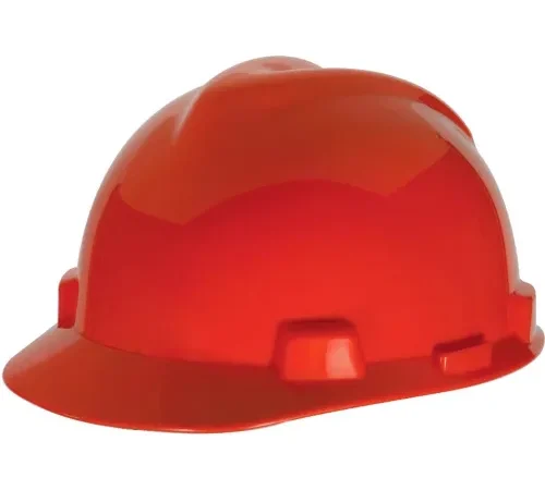 Red construction hard hat on white background